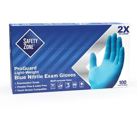 Safety Zone GNPR-1A, Disposable Gloves, 3 mil Palm, Nitrile, Powder-Free, 2XL, 100 PK, Blue SZNGNPR2X1A